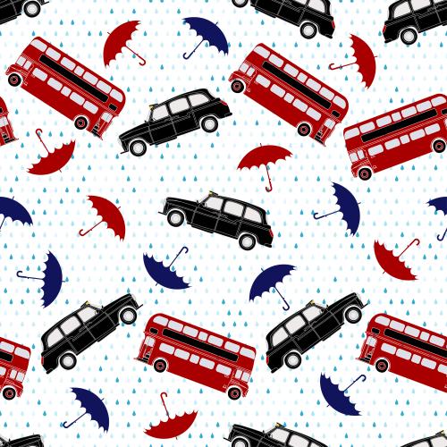 矢量图片 红色双层巴士、出租车、多彩雨伞和落在白色背景上的雨滴