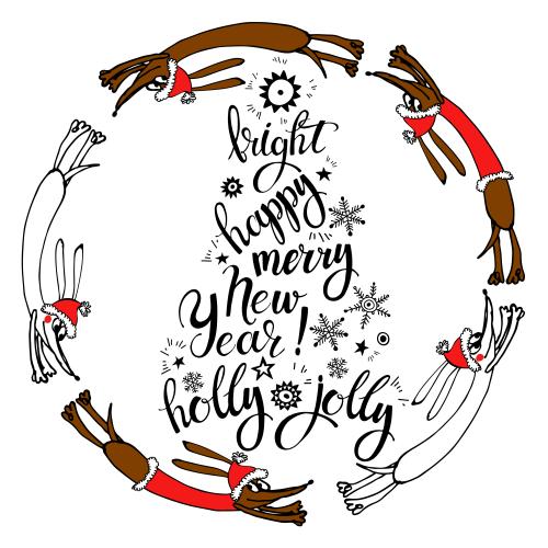 矢量图片 卡通狗戴圣诞帽转圈 写着bright happy merry new year holly jolly白背景