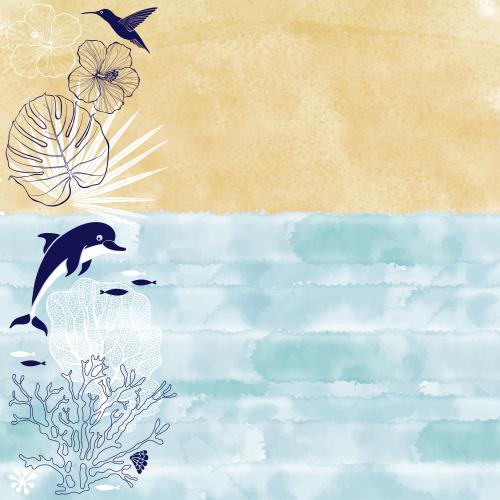 海豚。矢量图 海豚、小鱼儿、珊瑚、蜂鸟、木槿花、水彩画上的棕榈叶