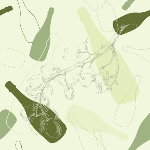 饮料。矢量图 酒绿色酒瓶和葡萄枝
