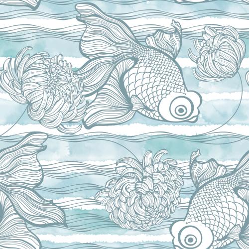 菊花。矢量图 金鱼、波浪和菊花于白色底色上配蓝色水彩纹路