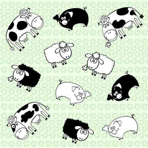 动物。矢量图 动画奶牛小猪和羔羊花田牧场