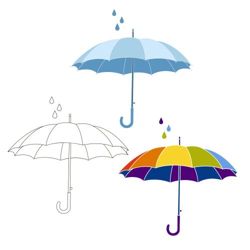 水滴。矢量图 雨伞和雨滴，白色背景上的轮廓和剪影