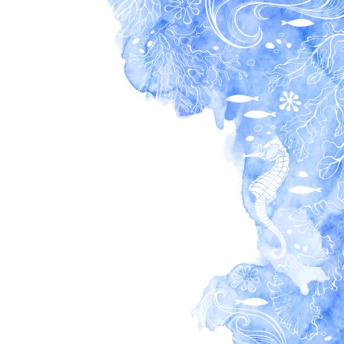 珊瑚。矢量图 海底世界,海马,鱼,海藻,珊瑚,蓝色水彩上的波浪,白色文字区域