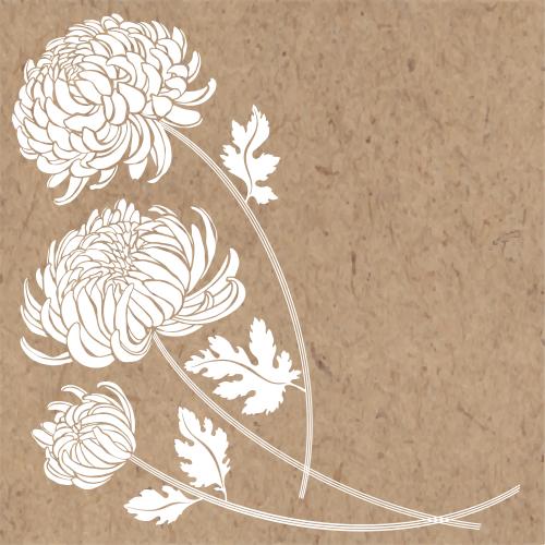菊花。矢量图 三朵菊花，白色剪影与牛皮纸文字区