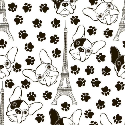 法国的。矢量图 法国斗牛犬的脸、爪印、白底上的埃菲尔铁塔