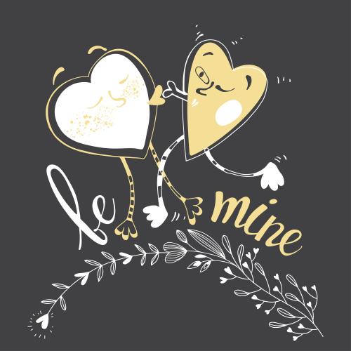 矢量图片 接吻卡通爱心 黑色背景上的be mine字样