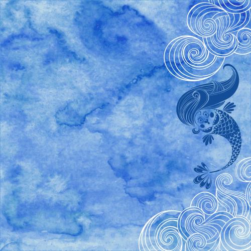 人鱼。矢量图 卡通美人鱼 波浪 文字区域 蓝色水彩背景