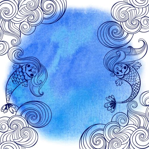 人鱼。矢量图 卡通美人鱼, 波浪, 蓝色圆形水彩污渍, 白色文本区域