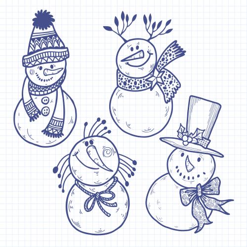 笔记本。矢量图 四个有趣的卡通雪人笔记本格子纸