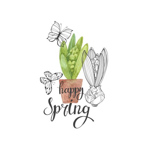 原创位图 水彩海芋小花盆-蝴蝶和海芋的轮廓-白底的"happy spring"字样