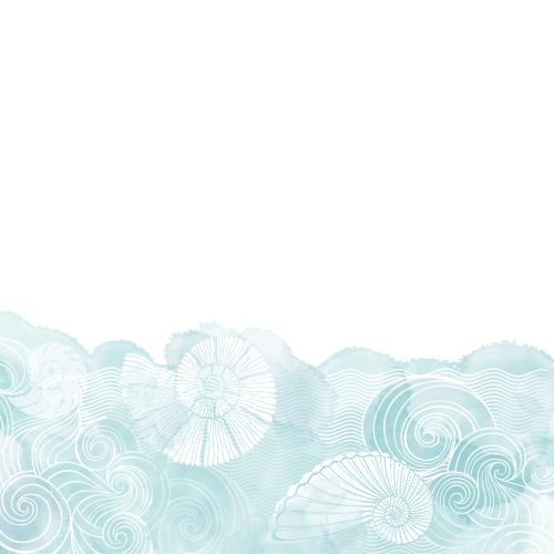 矢量图片 蓝色水彩碎片上的装饰波浪与鹦鹉螺，留白文字区域