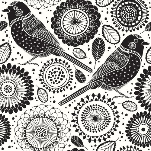 图像抽象的鸟类、花卉与树叶 doodle 风格白色背景