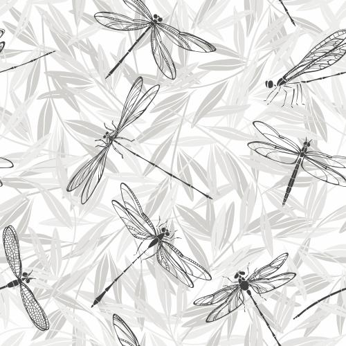 蜻蜓。矢量图 单色蜻蜓与枝叶白底图案