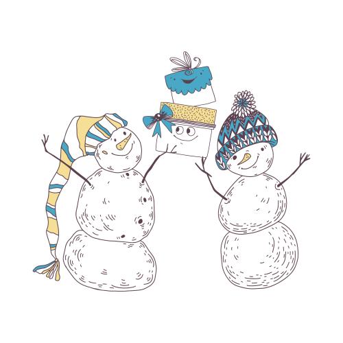 雪人。矢量图 卡通双雪人带礼盒白色背景