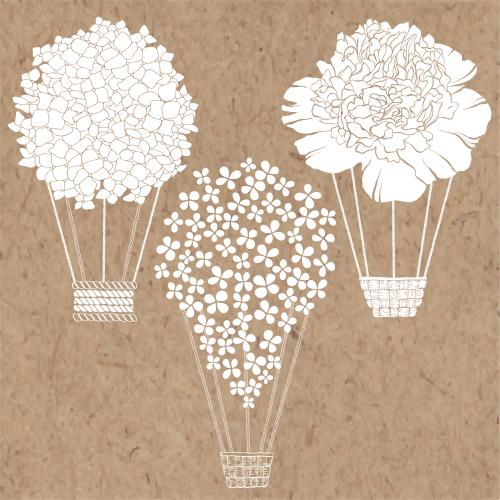 牡丹。矢量图 花气球：春菊、丁香、牡丹、卡纸上的白色剪影
