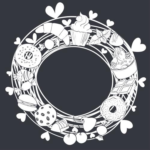 覆盆子。矢量图 圆形相框带甜点和爱心图案，黑色背景