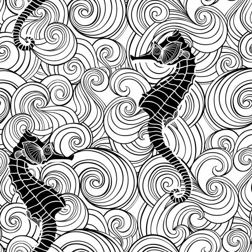 海。矢量图 海浪与黑色剪影海马