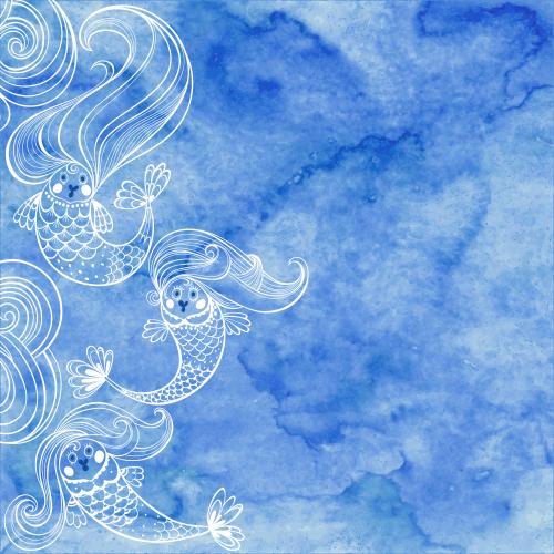 人鱼。矢量图 卡通美人鱼与海浪水彩背景-蓝色文本留白区