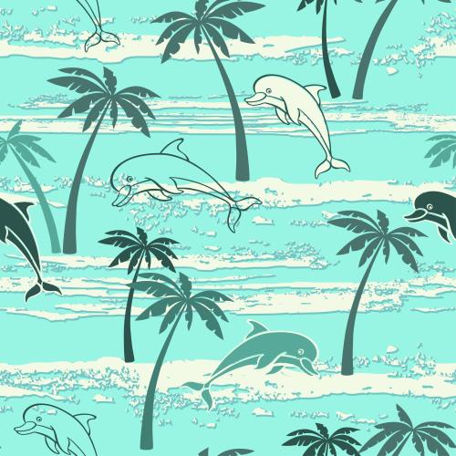 矢量图片 海豚、棕榈、绿松石色的波浪