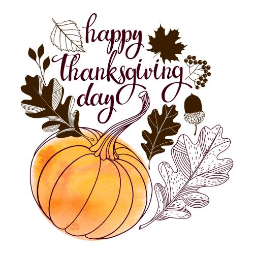 矢量图片 南瓜、橙色水彩碎片、叶子、橡子和“happy thanksgiving day”白色背景