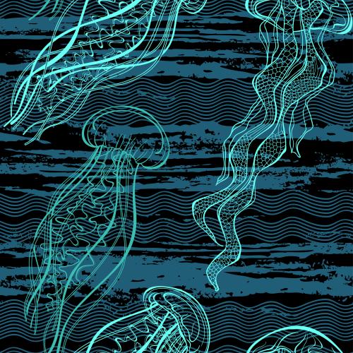 水母。矢量图 彩色水母和海浪黑底
