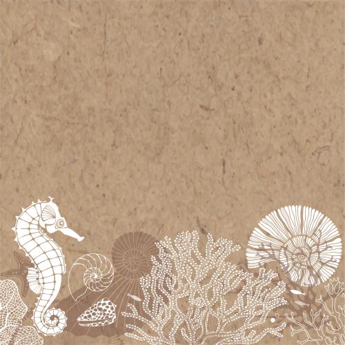 海星。矢量图 海马-鹦鹉螺-海星-贝壳-小鱼-海藻-珊瑚-带文本空间的牛皮纸
