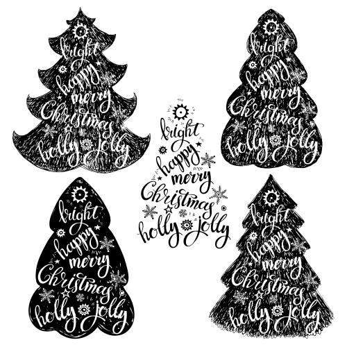 星星。矢量图 别致节日树 白色背景 带有bright happy merry christmas holly jolly字样
