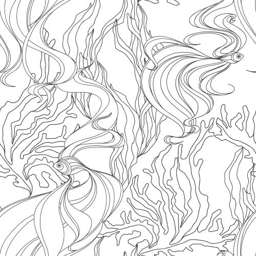 海藻。矢量图 白底装饰鱼和海藻