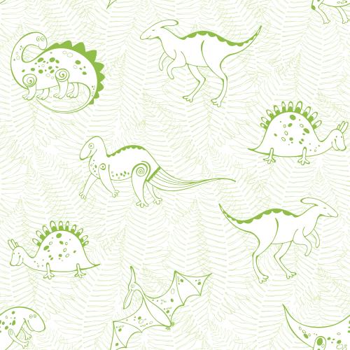 恐龙。矢量图 卡通恐龙与蕨类植物叶片，白色背景上的绿色轮廓图案