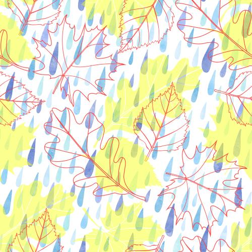 原创位图 橡树叶、枫叶、白桦树叶与水彩雨滴在白色背景上