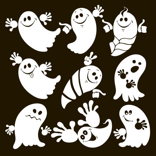 鬼魂。矢量图 可爱的卡通幽灵黑底