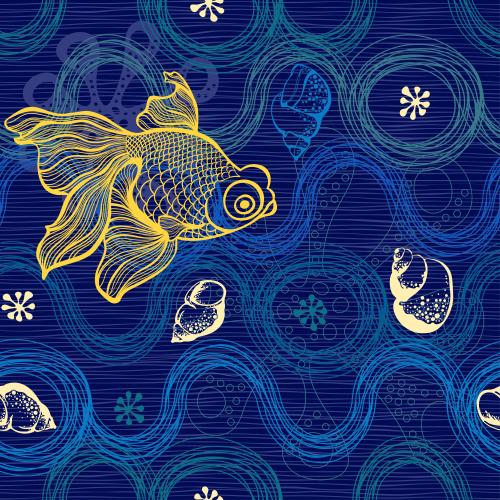 波浪形的。矢量图 海洋生物与波浪上的贝壳和小鱼