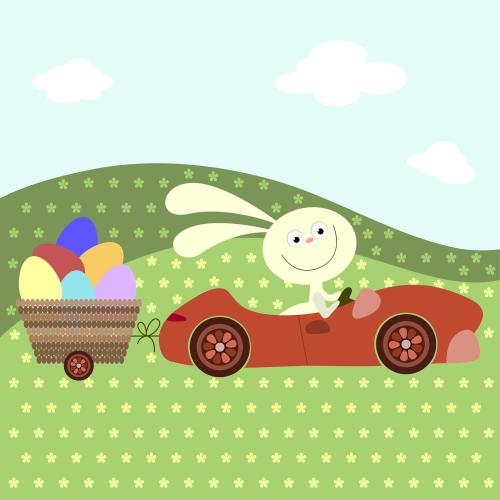 矢量图片 欢快卡通兔子汽车带装复活节彩蛋的挂车