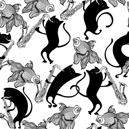 矢量图片 卡通萨克斯猫和白底鱼