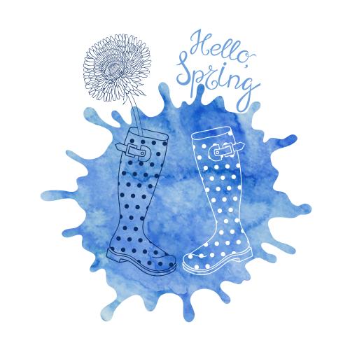 墨渍。矢量图 橡胶靴、蒲公英、蓝色水彩印和白色背景上的 "hello spring" 字样