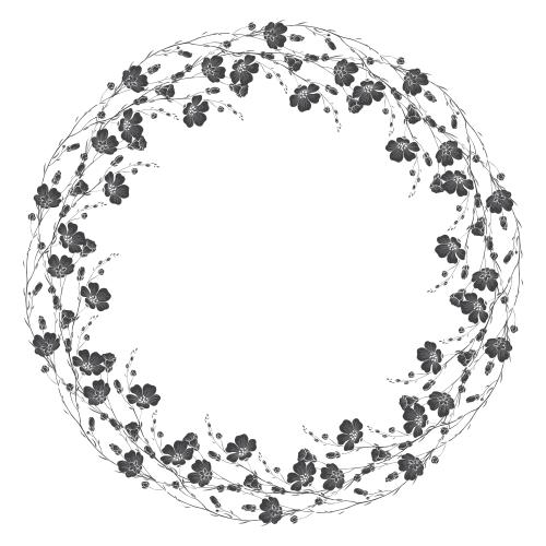 边框。矢量图 圆形花环相框，开花亚麻布，白色背景上的黑色剪影