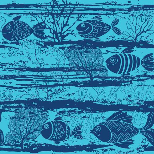 珊瑚。矢量图 动画卡通鱼、波浪、珊瑚和海藻蓝色背景