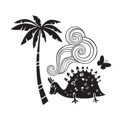 棕榈树。矢量图 卡通恐龙图案组成，白色背景上的黑色剪影