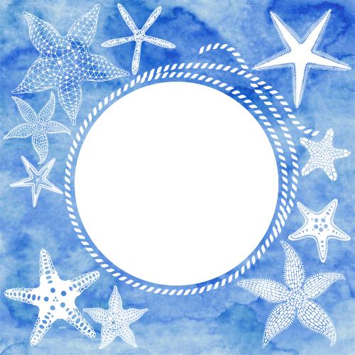 矢量图片 海星，圆形的船用绳索相框带白色文字区域蓝色水彩背景