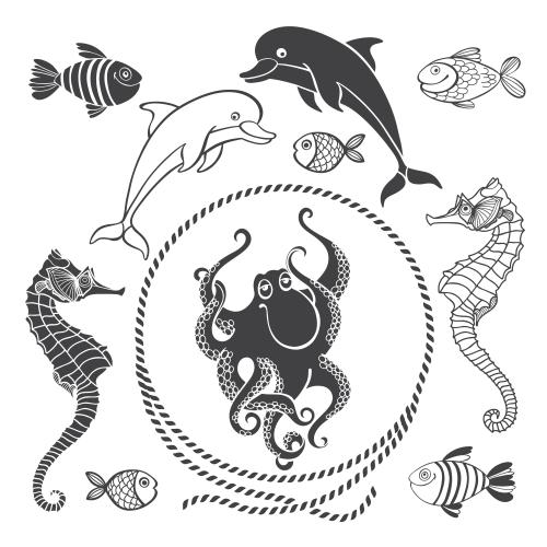 海豚。矢量图 圆形绳框，海豚、鱼、海马、章鱼在白色背景上