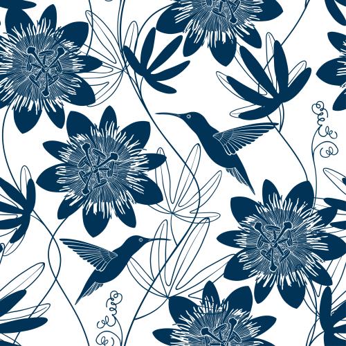 蜂鸟。矢量图 蜂鸟、西番莲、花朵和叶子在白色背景上