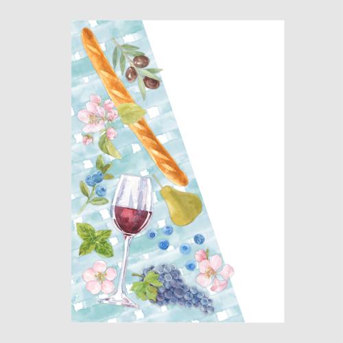原创位图 水彩画 葡萄酒杯 长棍面包 葡萄 蓝莓枝 梨 腌橄榄 格子桌布上的花 白色背景的文本位置