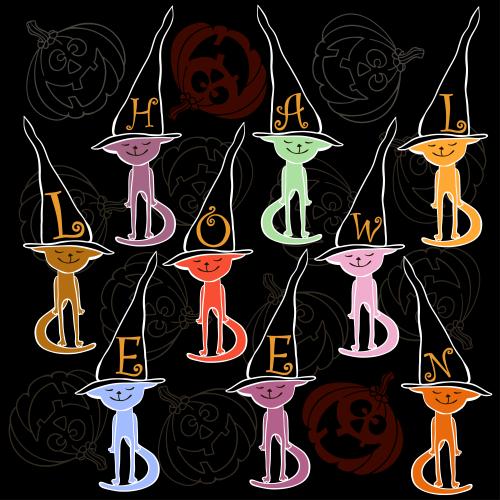猫。矢量图 彩色的猫戴着女巫帽，南瓜灯黑色背景