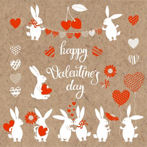 气球。矢量图 可爱的小兔子, 小爱心, 气球和花环, 在牛皮纸上的“Happy Valentine's Day”