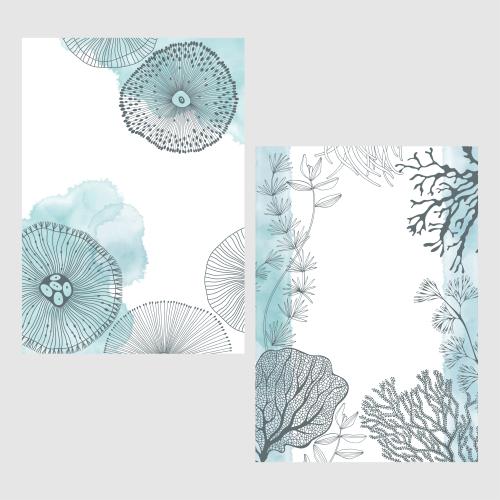 矢量图片 两张海洋主题明信片，包含水彩碎片、海洋生物、珊瑚、海藻，以及书写文字的留白部分。
