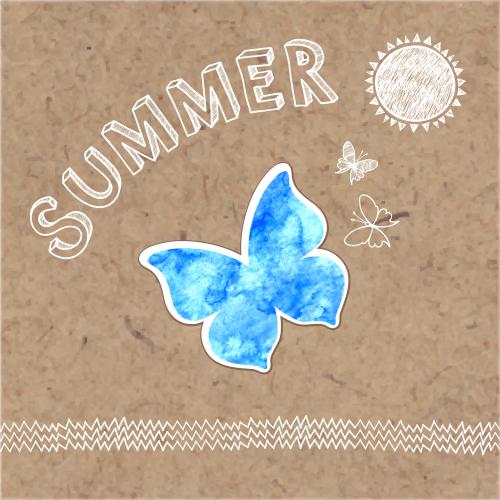 太阳。矢量图 水彩和轮廓蝴蝶，太阳，草，在牛皮纸上的summer字样