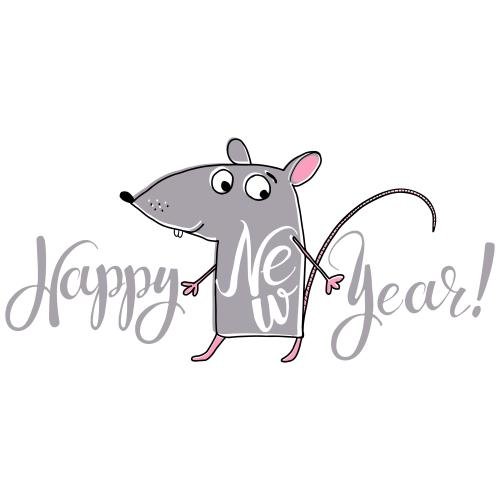 老鼠。矢量图 卡通灰色小鼠，白色背景印有“新年快乐”字样