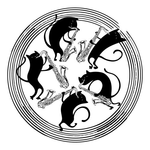 矢量图片 动漫风格的黑猫手持萨克斯管围成圆形在白色背景上