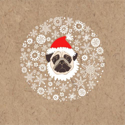 狗。矢量图 戴着新年帽的可爱小八哥犬面部特写雪花圆圈咖啡色卡纸